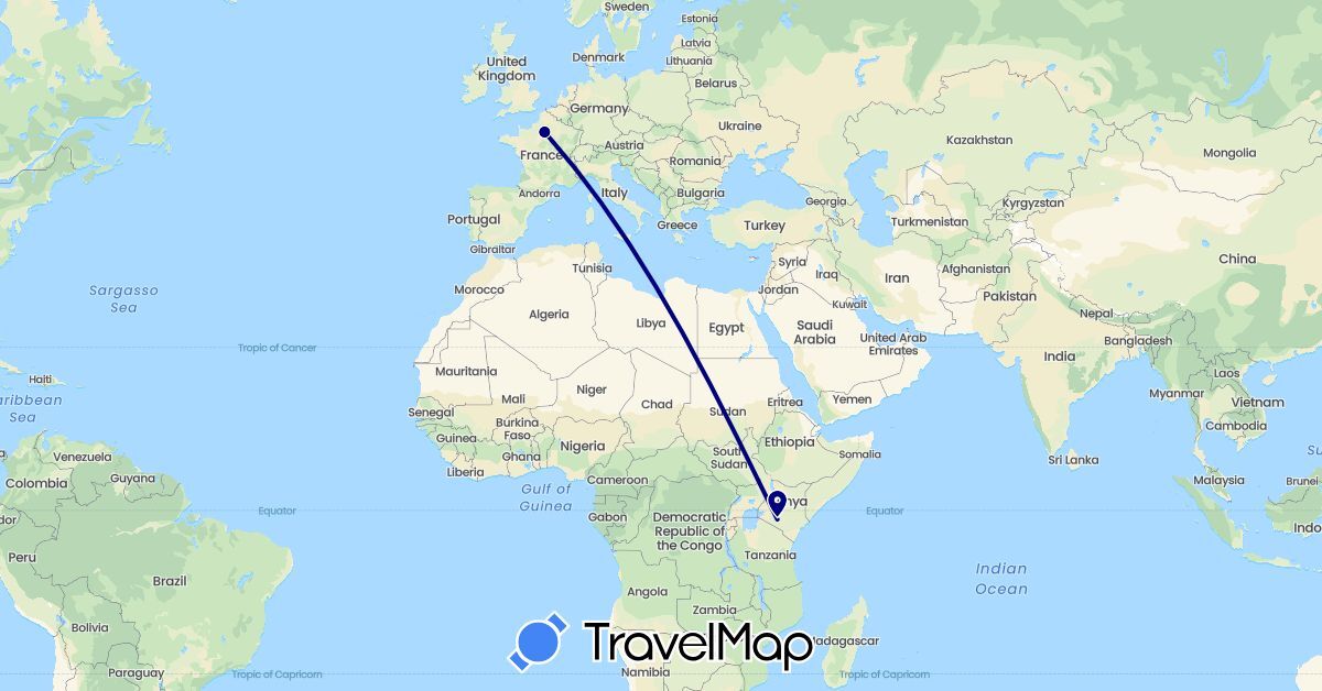 TravelMap itinerary: driving in France, Kenya (Africa, Europe)